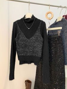 AMILUCK | Elegant Knitted Sweater Fake Two-Piece Womens Style Autumn New Design Slimming Sweater Commute Style Basic Fit Sequin Ribbed