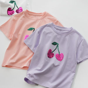 Sequin Small Cherry Kids Pure Cotton T-shirt Girl round Neck Short Sleeve Thin Tops Childrens Summer New Arrival
