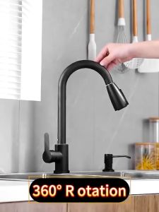 Kitchen Faucet SUS304 Stainless Steel Faucet Black/Silver 360° Pull Out Faucet Hot/Cold Mode Sink Faucet