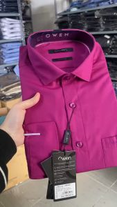 OWEN SALE - Áo Sơ Mi Owen Tay Dài Màu Hồng Đậm  Họa Tiết Trơn Form Regular Fit Lai Bầu Chính Hãng