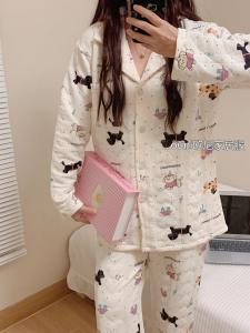 Thickened Air Cotton Sleepwear Long Sleeve Pants Home Clothes Cartoon Print Doggies Cute Girl Winter Home Leisure Tracksuit