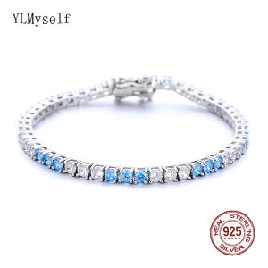 Vòng Tay Tennis Bạc Ý 925 Nguyên Chất Dành Cho Nữ Đính Đá Zirconia Trắng Và Xanh Aquamarine 3mm Trang Sức Cao Cấp