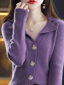 Luxurious Knitted Woolen Cardigan Womens Outerwear Flip Collar Base Layer Spring Autumn New Style Warmth Commute Fashion