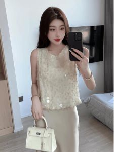 Elegant Sequin Short Top And Fish Tail Mini Skirt Two Piece Set Slim Fit Fashionable Summer Outfit for Young Women