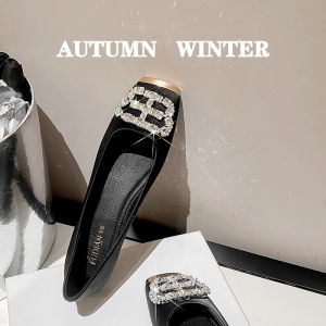 French Style Classic Style Black Crystal Flats Womens Flats 2024 New Arrival Spring & Fall Flat Shoes Elegant Square Toe Pumps