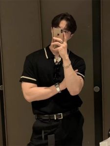 Korean Style Dongdaemun Atmosphere POLO Shirt Mens Simple Sleeve Stripe Design Knitted Ice Silk Cool Feeling Short Sleeve Men