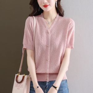 Elegant V-Neck Lace Knitted Ice Silk Short Sleeve T-Shirt Womens Summer Thin Fashion Top Casual Commute Style Korean Loose Fit