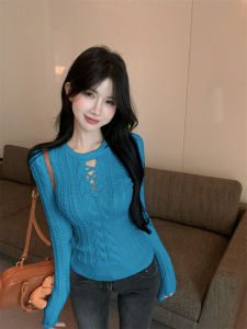 GUZILIAN | Korean Style Long Sleeve Hollow Out Knitted Sweater Womens Inner Wear Pure Desire Twisted Design Super Cute Office Commute Fashion