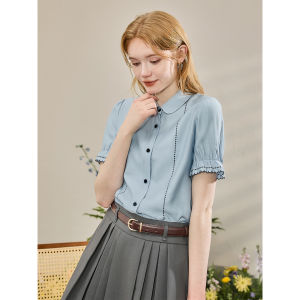 Áo sơ mi nữ cổ búp bê tay ngắn phồng nữ tính trẻ trung
