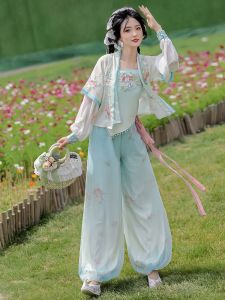 Daily Wear Embroidered Short Sleeve Lantern Pants Set Breathable  Spring Summer Chinese Hanfu Small Peach Melody