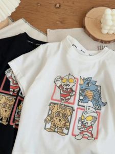 Childrens round Neck Short Sleeve T-shirt Ultraman Print Casual Top for Boys Summer Sweat Absorbent Cartoon Anime Shirt