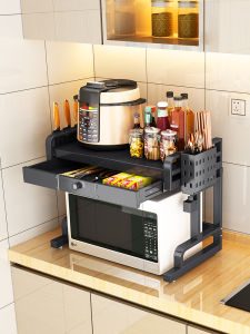 Kitchen Storage Rack Expandable Microwave Oven Rack Drawer Style Storage Cabinet Dual Layer Home Use Tabletop Stainless Steel