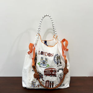 กระเป๋าผ้าไนลอนปักลายลอนดอนสไตล์ญี่ปุ่นและเกาหลีใต้ กระเป๋าถือสะพายไหล่ข้างเดียวสำหรับการเดินทางและช้อปปิ้ง ความจุขนาดใหญ่