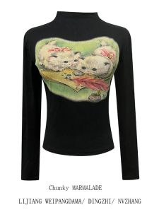 เสื้อยืดแขนยาวทรงเข้ารูปสไตล์อเมริกันลายแมวสำหรับผู้หญิงไซส์ใหญ่ เสื้อเชิ้ตทรงเข้ารูปทรงกระบอกฤดูร้อนใหม่