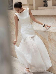 SHANGSHA | Elegant Unique White Sleeveless Patchwork Dress for Important Occasions