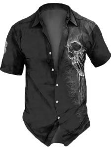 Retro 3D Skeleton Slim Fit Short Sleeve Shirt Fashionable Urban Style Casual Print Cotton Mens Shirt for All Seasons