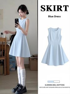 Blue Sleeveless A-Line Dress Womens Summer Beautiful Short Skirt High Waist Waist-Cinching Dress Ladylike Commute Style