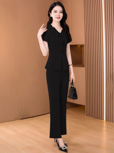 MAIMEI | Elegant Ice Silk Two-Piece Set Womens Fashionable V-Neck Short Sleeve Long Pants Age-Defying Trendy Look By MacMi Brand