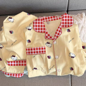 Hellokitty Womens Sleepwear Set Milk Silk Casual Home Clothes Yellow Cartoon Print Long Sleeve Long Pants Autumn Season