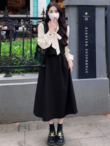 plus Size Autumn Winter Long Sleeve Dress Womens Fashion Conceal Belly Slimming Hepburn Style Tea Break French Long Dress