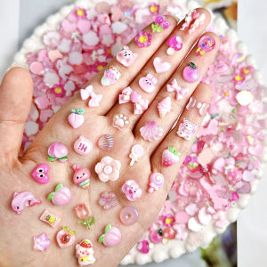 30PCS สุ่มผสมสีชมพู Series โบว์พีชเรซิ่นเล็บ Charms 3D สร้างสรรค์ดอกไม้หวาน Lollipop ผสมตกแต่งเล็บสําหรับ DIY