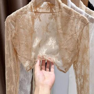 New Lace Embroidery Sun Protection Short Cardigan Strap Dress Cover up Shawl Sleeveless Hollow out V-Neck Korean Style Top
