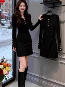 QFN | Elegant Audrey French Style Long Sleeve Black Dress 2026 Early Autumn New Arrival