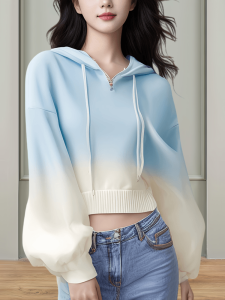 Pure Cotton Gradient Blue Long Sleeve Hoodie Womens Spring Autumn Loose Outerwear Top Comfortable Korean Style Streetwear