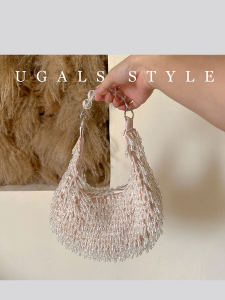 กระเป๋าถือ UGALS ทรงตื้นทำจากคริสตัลคลาสสิก ผูกด้วยเชือก ปิดด้วยซิป กระเป๋าสะพายไหล่แบบลำลองสำหรับงานวันเกิด