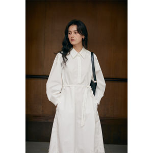 HeyDress White Shirt Dress Womens Autumn French Loose Lazy Lace Splicing Waist Inward Dress Cotton Casual Style Belted