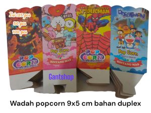 Kertas wadah popcorn 9x5 cm bergambar bahan duplex.