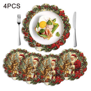 Santa Claus Reindeer Christmas Placemats with Poinsettia Holly Berry Table Mats Winter Snowy Holiday Dinner Table Decoration