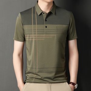 ROMON | Lormen Mens Ice Silk Short Sleeve Polo Shirt Summer Style With Collar Dad Clothes Casual Top Business Gentleman Style Striped Pattern