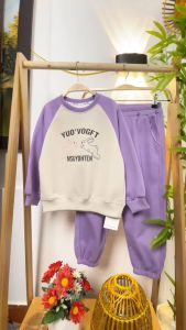 Bộ nỉ cho bé gái cổ tròn 5-12 tuổi 2 thỏ chữ YUO chất liệu cao cấp kiểu dáng thời trang