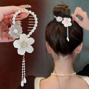 Camellia Pearl Tassel Ponytail Clips Rhinestone Korean Hair pins Hair Accessories