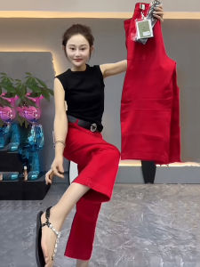 High-Waist Casual Straight-Leg Pants For Women New Style Summer 2024 Fashionable Wide-Leg Slimming Red Cropped Pants