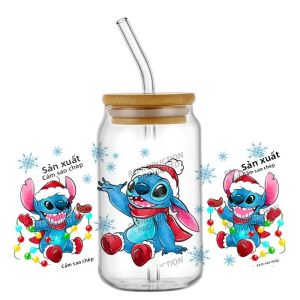 Disney Stitch Giáng Sinh Vui Vẻ 16oz UV DTF 3D Miếng Dán Đề Can Kính Có Thể Cốc Bọc Sáng Tạo Thủ Công DIY Quà Tặng