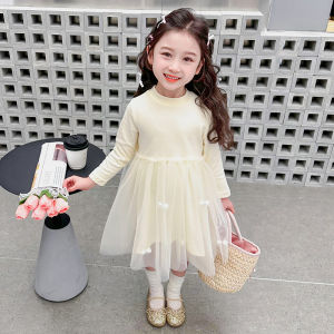 Váy Công Chúa Tay Dài Mùa Xuân Thu Cho Bé Gái Váy Lưới Xếp Nếp Thắt Nút Bướm Cho Bé Gái Váy Cotton Pha Trộn Cho Bé Gái Từ 1-17 Tuổi