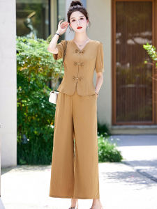 New Chinese Style Retro Slim Fit Short Sleeve Shirt Set Women Summer 2025 High Waist Wide Leg Pants Two Piece Trendy Ensemble