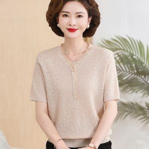 Ice Silk Short Sleeve T-Shirt Set Lightweight V-Neck Top And Pants for Middle-Aged Mothers Summer New Style Fashion Loose Fit