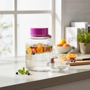 Bình Thủy Tinh Có Vòi 2 Lít Ngâm Rượu - Hũ Thủy Tinh Đựng Nước Detox Nắp Tím Có Quai Xách Cao Cấp