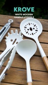White Silicone Wooden Handle Utensils Puti at Kahoy Kitchen Cooking Tools Turner Spoon Minimalist