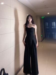 กางเกงขายาวทรงหลวมสีดำสำหรับผู้หญิง กางเกงขายาวทรงหลวมสไตล์เกาหลี ทรงหลวม ทรงหลวม เอวสูง ทรงหลวม กางเกงขายาวทรงหลวม