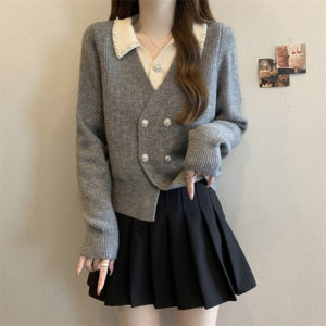 Fashionable Elegant V-Neck Long-Sleeve Pseudo-Two-Piece Knitted Sweater