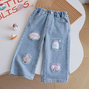 กางเกงยีนส์เด็กฤดูใบไม้ร่วง 25 รุ่นใหม่ กางเกงขายาวลายพิมพ์น่ารัก กางเกงขายาวทรงตรง ทรงหลวม สำหรับเด็กผู้หญิง