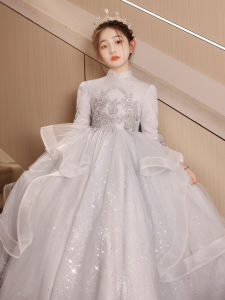 Long Sleeve Childrens Evening Gown Princess Style Birthday Dress Flower Girl Ten Year Old Girl Piano Performance Outfit Spring Autumn New Arrival
