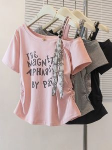 Letter Print Short Sleeve Oversized Slimming Off Shoulder T-shirt