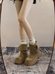 รองเท้าบูทมาร์ตินทรงหนาสไตล์ย้อนยุคสำหรับผู้หญิง ฤดูใบไม้ร่วง/ฤดูหนาว รองเท้าบูทสั้นหุ้มข้อครึ่งแข้งแบบปรับได้สองทาง ส้นสูง ส้นหนา รองเท้าบูทแฟชั่น