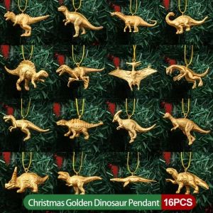 16 Mini Golden Dinosaur Ornaments Christmas Tree Hanging Party Decor for DIY New Year Home Festive Celebrations Decorations