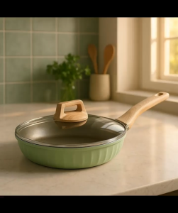 Joyurney 24cm Non-Stick Frying Pan w Lid Deep Skillet for Induction & Gas Stove Wood Grain Handle